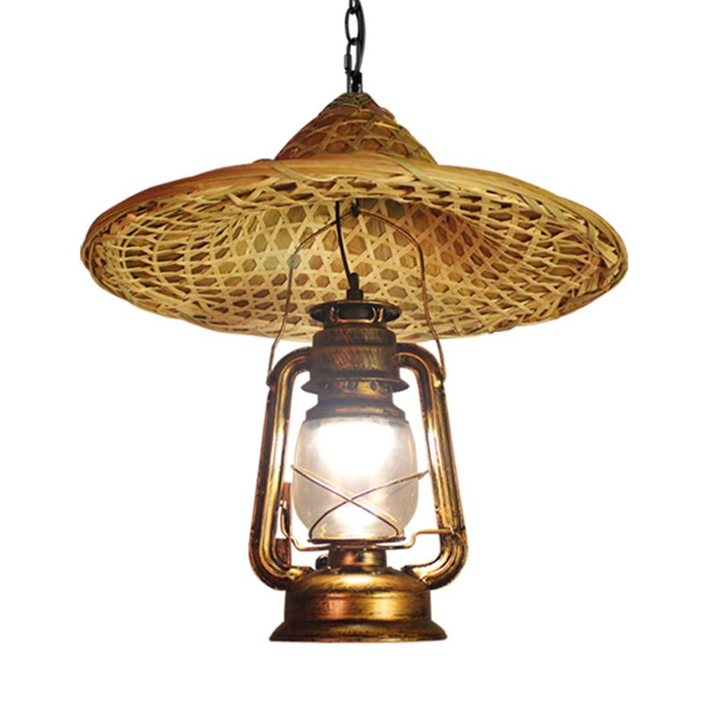 Metall Lantern Schatten Hängender Licht Country Style 12 "/23,5" W 1 Glühbirne Beige Anhänger Beleuchtung mit Rattan Hat Design