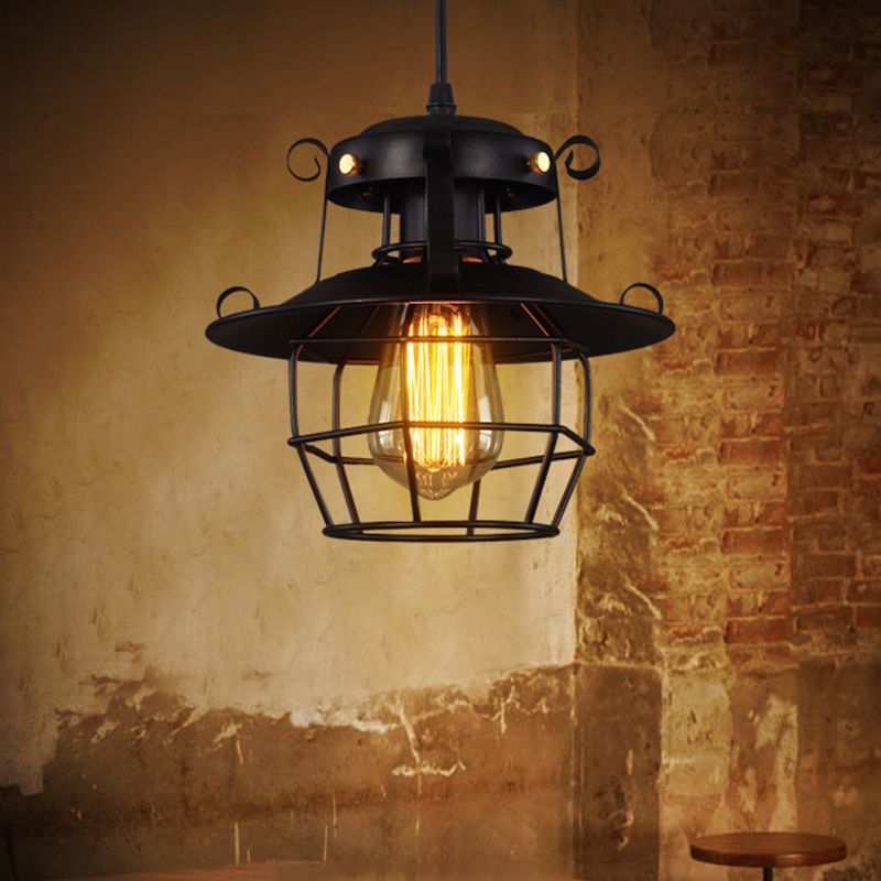 1-Bulb Ceiling Hanging Lantern Rustic Dining Room Down Lighting Pendant with Wire Cage in Black