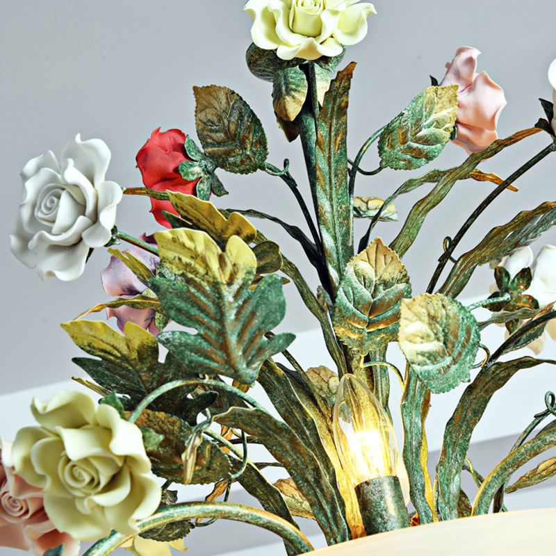 Ceramic Potted Flower Chandelier Pastoral Living Room Suspension Light with Bowl Opal Glass Shade