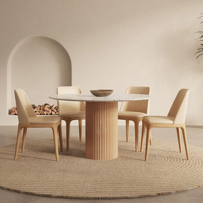 Round Dining Table Modern Stone Top Dining Table with Solid Wood Base