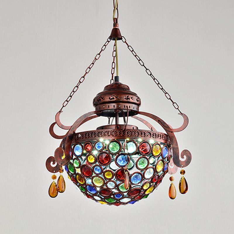 Metal Bowl Drop Pendant Antique 1 Light Living Room Hanging Light Fixture in Copper