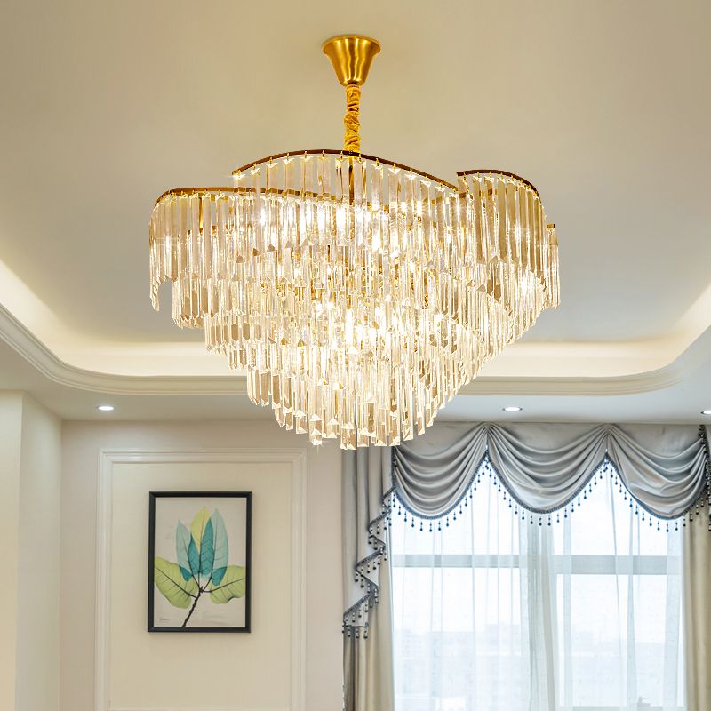 Crystal Block Brass Chandelier Light Fixture Spiral 5-Head Modernist LED Ceiling Suspension Lamp