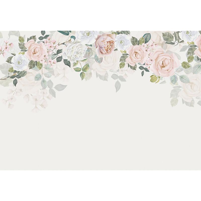 Beige Peony-Edge Mural Decal Stain Resistant Modernist Bedroom Wall Decoration, Non-Woven