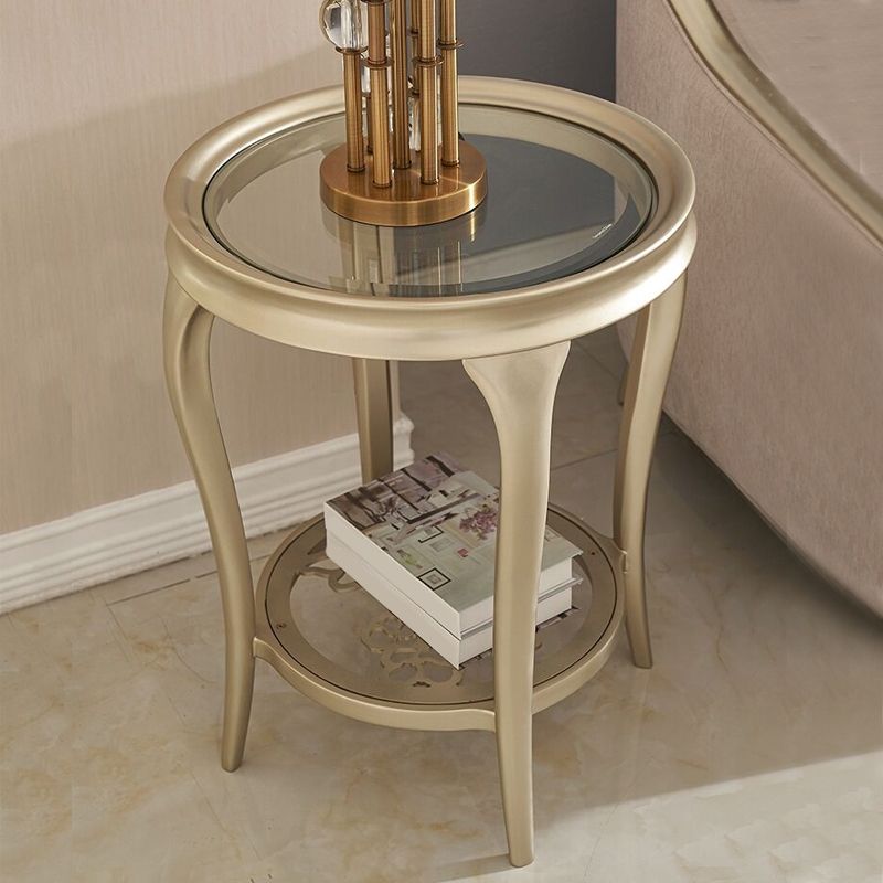 25.6" Tall Round Glass Top Side Table Wood 4 Legs End Table with Shelf