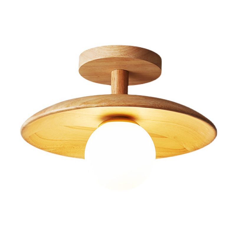 1-Light Ceiling Light Wooden Ceiling Mount Light with Glass Shade for Bedroom