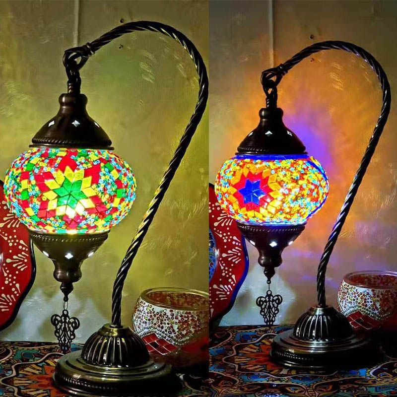 1 Bulb Gooseneck Table Light Moroccan Mosaic Stained Glass Night Light with Globe Shade