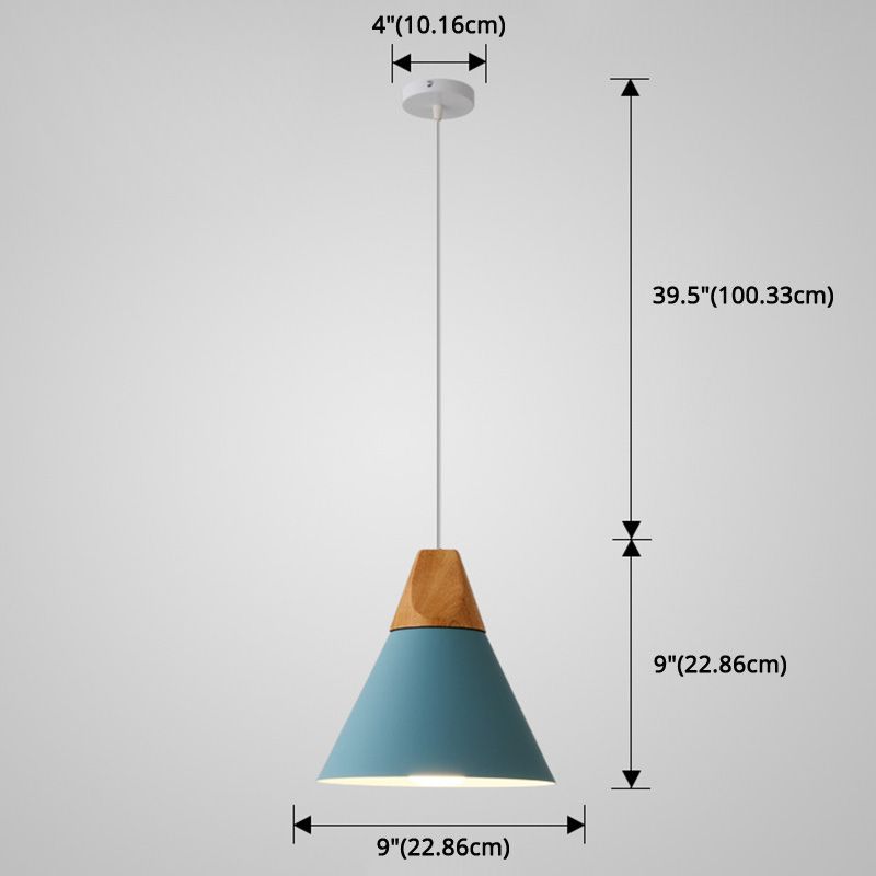 Metal Tapered Hanging Light Nordic Style 1 Light Restaurant Ceiling Pendant Lamp with Wooden Top
