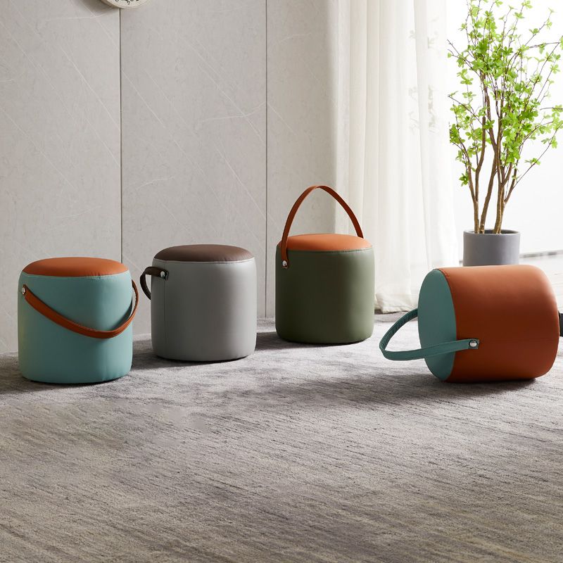 Creative Round Footstool Ottoman Patchwork Color Block Leather Ottoman