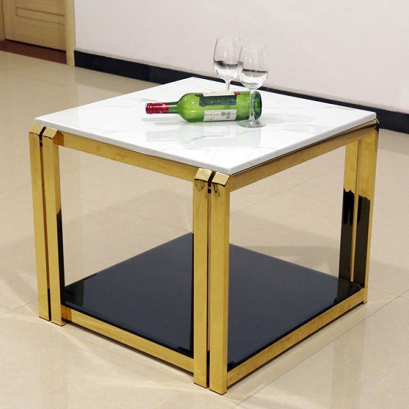 Square Stainless Steel Block End Table Modern Marble Top Corner Table Storage Side Table