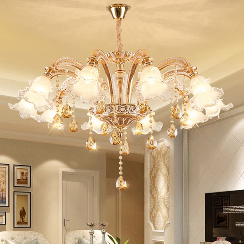 Ribbed Glass Ruffled Flower Suspension Light Retro Living Room Chandelier Light with Crystal Draping in Gold