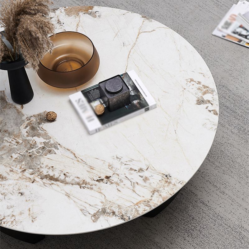 Modern Style Round Coffee Table with Iron Craft Black Base and Rock Slab White Top