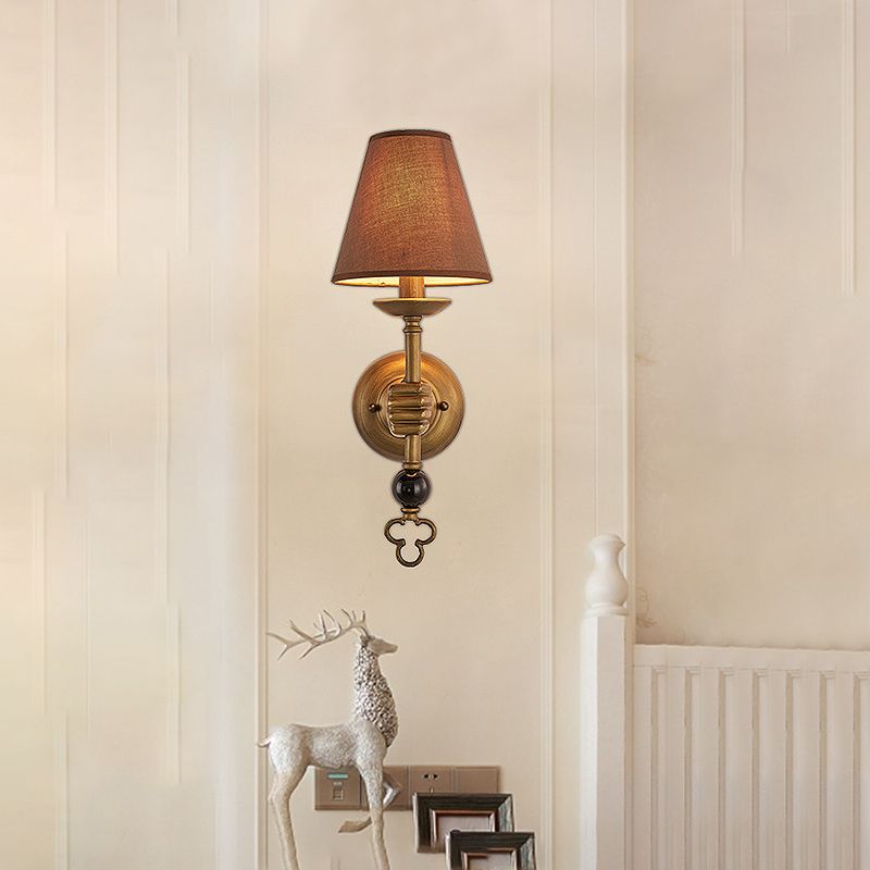 Cone Metal Wall Light Vintage 1 Bulb Bedroom Sconce Lighting Fixture in Brass with Fabric Shade