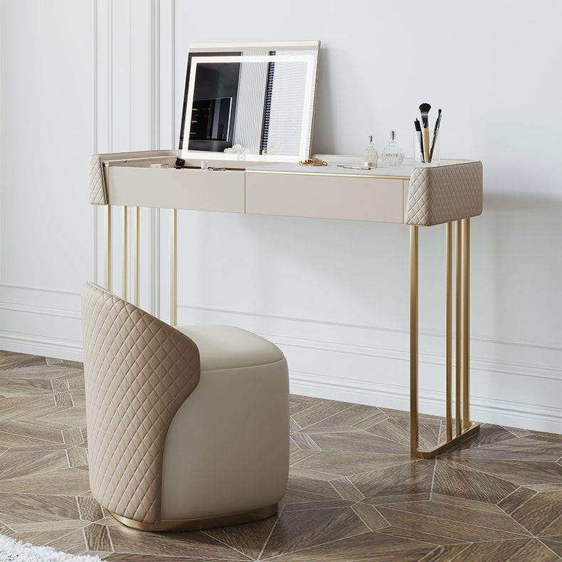 Glam Style Beige Rock Slate Vanity with 5 Drawers Metal Base