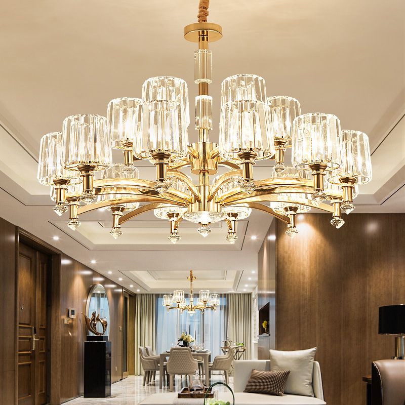 Cylindrical Living Room Chandelier Clear Crystal Modernism Hanging Light in Brass