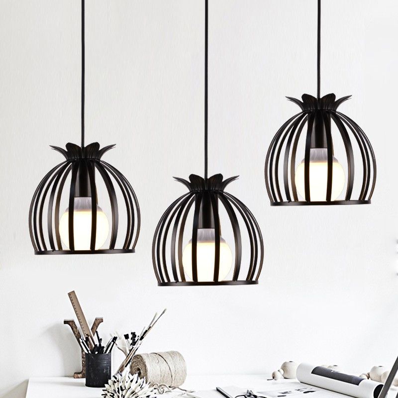 3 Heads Pendant Lighting with Dome Cage Shade Metallic Loft Style Dining Room Suspended Lamp in Black/White