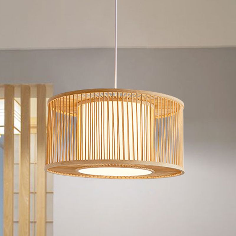 Handmade Drum Cage Bistro Pendant Light Bamboo 1 Bulb Asia Hanging Lamp Kit with Shade Inside