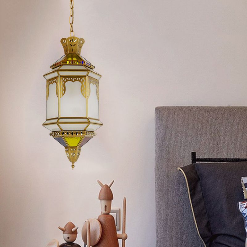 Lantern Frosted Glass Drop Lamp Antique 1 Head Restaurant Hanging Ceiling Light in Brass