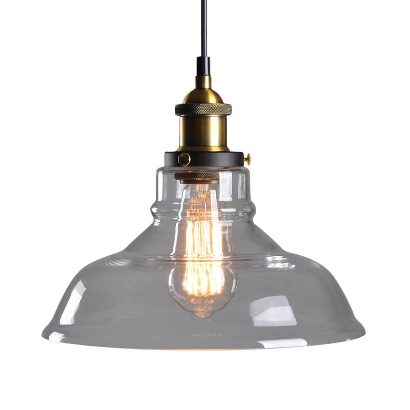 Clear/Smoke Grey Glass Barn Pendant Lamp Country Style 1 Head Dining Room Hanging Light in Brass and Black