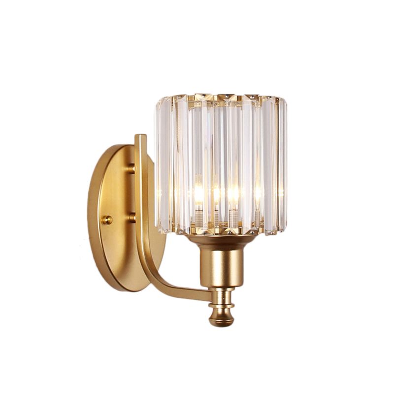 Contemporary Cylinder Wall Light Sconce Crystal Rectangle 1 Light Bedroom Sconce Light with Black/Gold Backplate