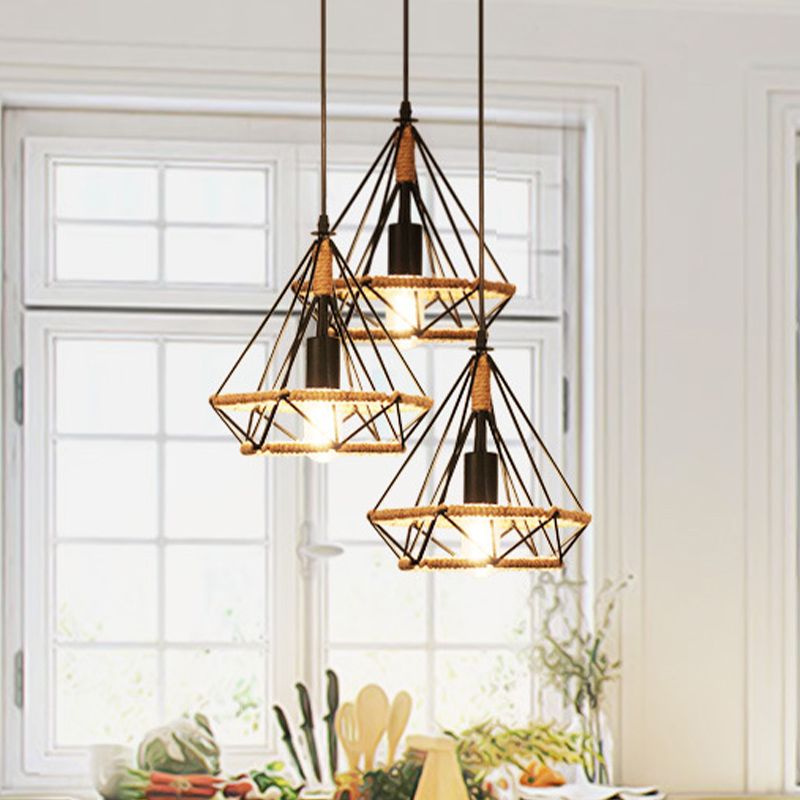 Lampada a sospensione a gabbia di diamante elegante industriale 3 luci in metallo e corda lampada sospesa con baldacchino rotondo/lineare in nero
