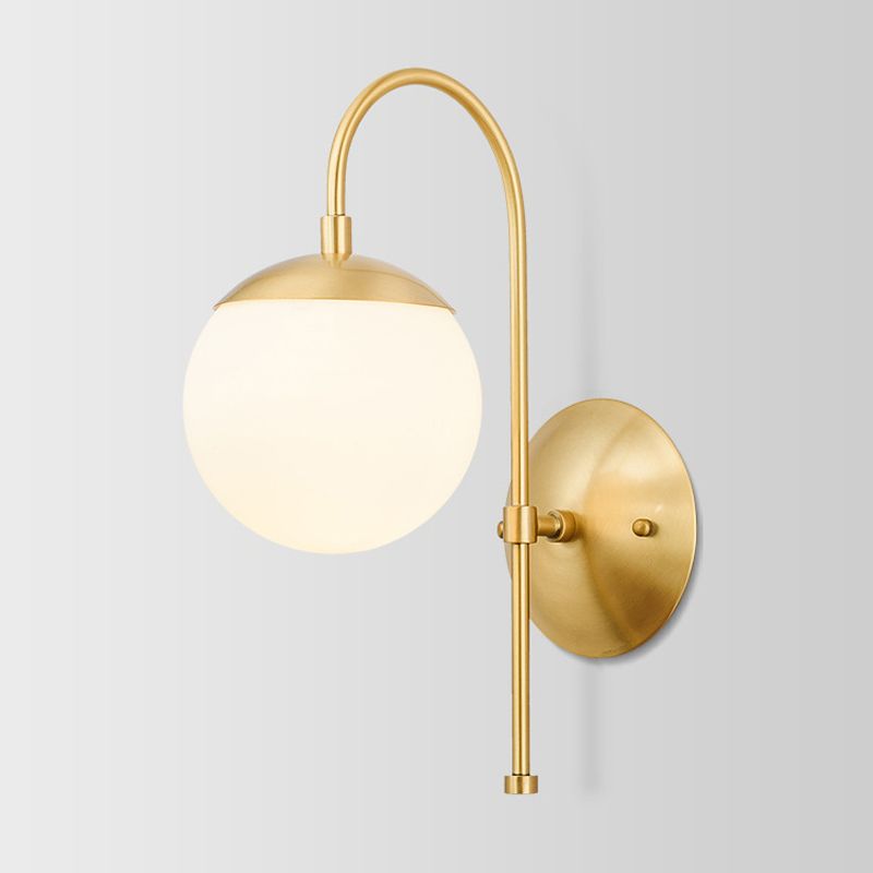 Gold Round Wall Lamp Sconce Modernist 1 Light Opal Glass Wall Montreal Lighting with Gooseneck Arm