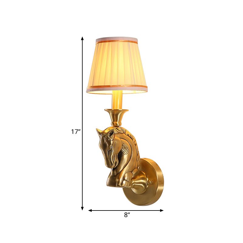 Fabric Conical Wall Light Fixture Rustic 1 Bulb Hallway Wall Lamp Sconce in Gold with Horse Head Arm