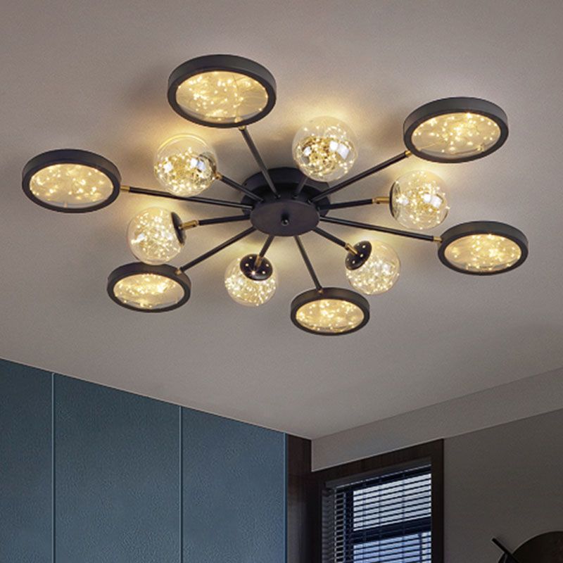 Sputnik Flush Mount Fixture Modernity Amber Glass Black Close to Ceiling Lamp with Glowing String Inside