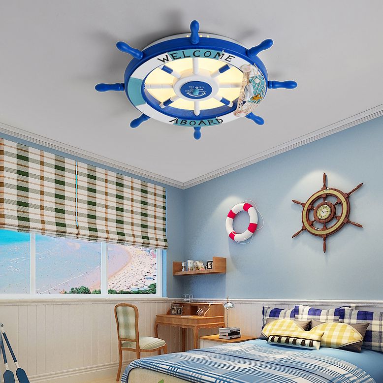 Children's Room Flushmount Light Boy Bedroom Room Study Kindergarten Mediterranean Style Creative Cartoon Ship Rudder Eye Protection Lamps