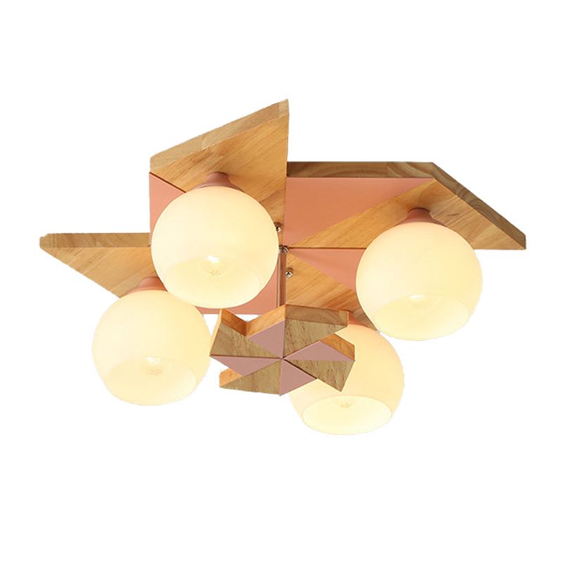 Plafonnier globe créatif moderne en bois à 4 lumières avec abat-jour en verre