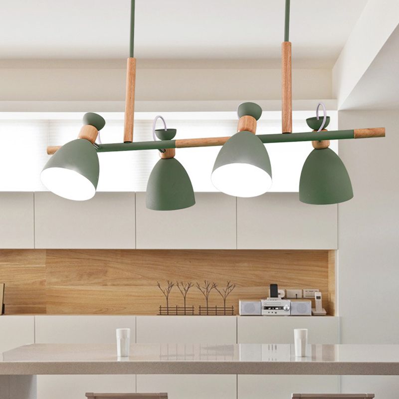 Grey/White/Green Bell Island Lamp Nordic 4-Light Iron Rotatable Hanging Pendant Light with Wood Decor