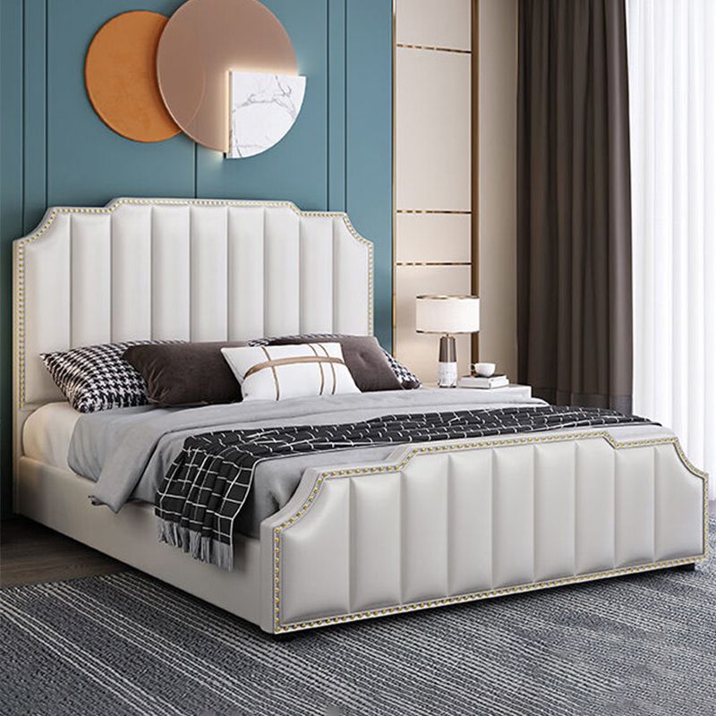 Luxurious Leather Bed Beige Upholstered Bed Frame with Nailhead Trim