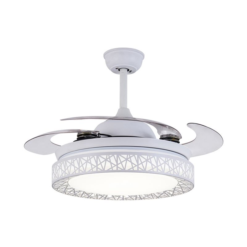 Lámpara de ventilador de dormitorio redondo LED contemporáneo de metal 36 "w Luz de semi flush blanca con 4 cuchillas, control remoto/de pared/control remoto y de pared