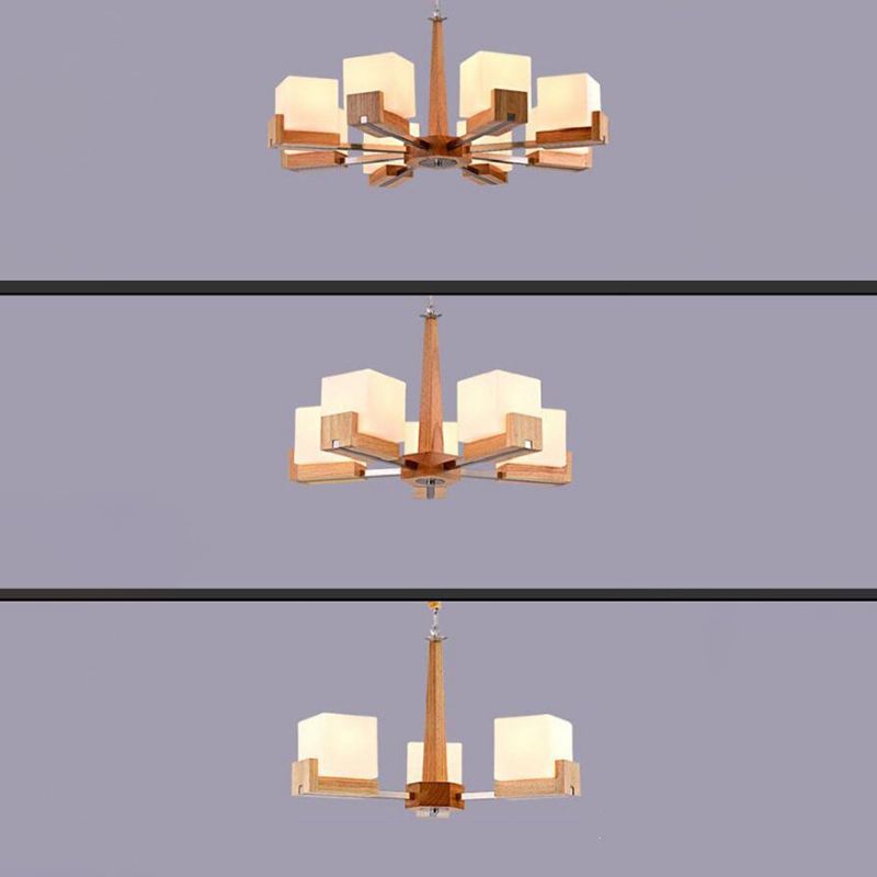 Modern Singularity Radial Pendant Light Wooden Indoor Chandelier with White Frosted Glass Shade