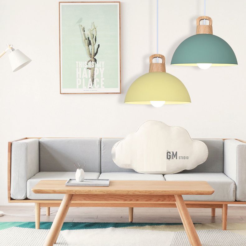 Macaron Style Domed Suspension Lamp Aluminum 1 Head Diner Pendant Light with Wooden Decor