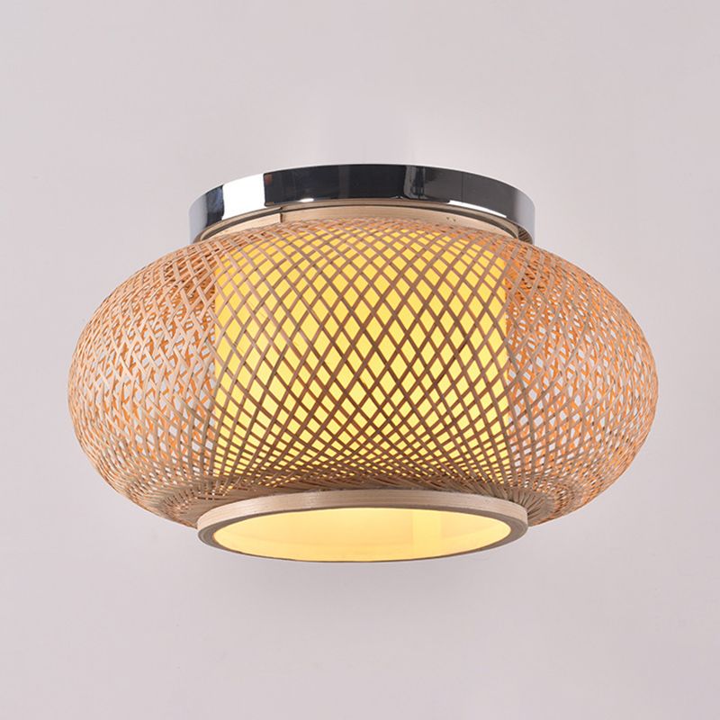 Plafoniera in Stile Asiatico con Intreccio in Rattan a Forma di Lanterne a 1 Luce Lampadario a Sospensione per Ristorante in Legno