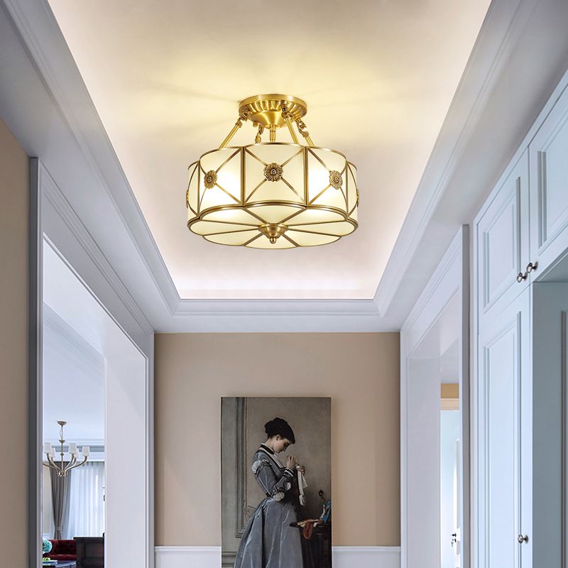 Lámpara de techo de bronce y vidrio, luz de techo de cobre de estilo colonial para dormitorio