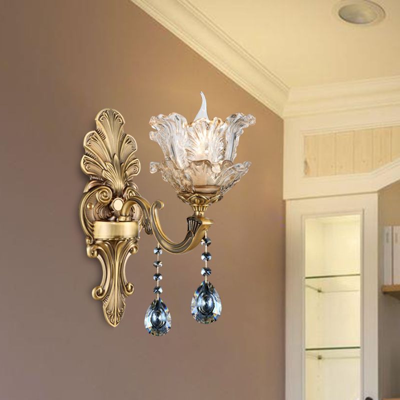 Brass Curved Arm Metal Sconce Retro Faceted Crystal 1/2 Lights Living Room Wall Sconce Lighting