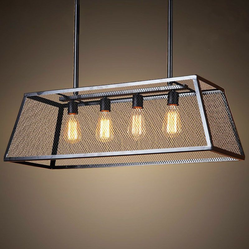 Iron Trapezoid Suspension Light Antique 4 Heads Restaurant Island Chandelier Light in Black