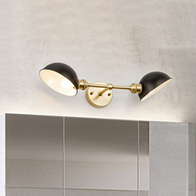 Metallic Dual Dome Vanity Light Fixture Vintage 2 Bulbs Bathroom Wall Mount Lamp in Black/Brass