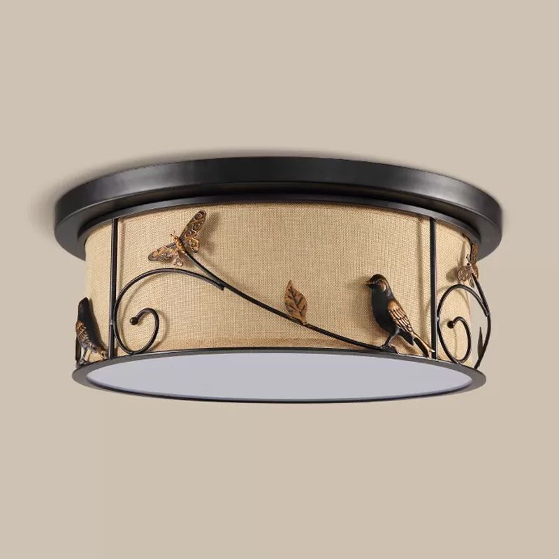 Drum Fabric Ceiling Flush Mount Cottage Bedroom LED Flushmount Lighting with Pastoral Scene Decor in Black