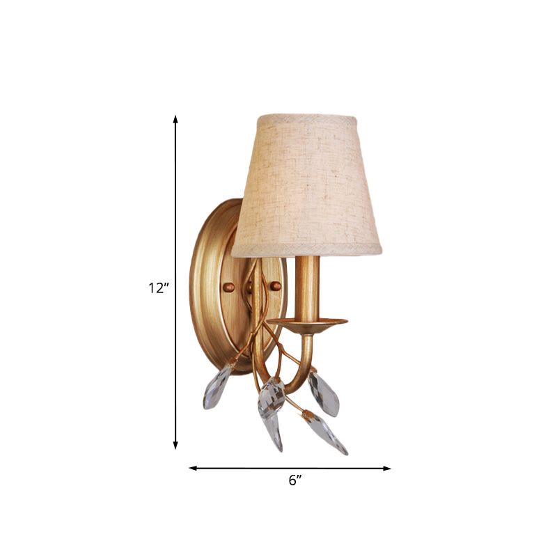 1-Light Barrel Wall Mount Lighting Country Style Gold Finish Fabric Wall Lamp with Branch Crystal Deco