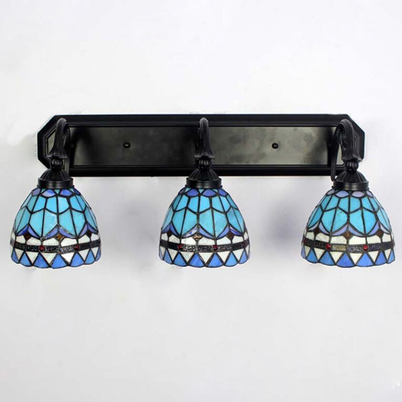 3 Heads Bowl Wall Mount Light Baroque Style Stained Glass Bathroom Vanity Light in Black Finish