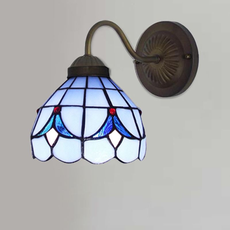 1 Head Flower Sconce Light Fixture Tiffany White/Blue Glass Wall Mounted Light for Bedroom