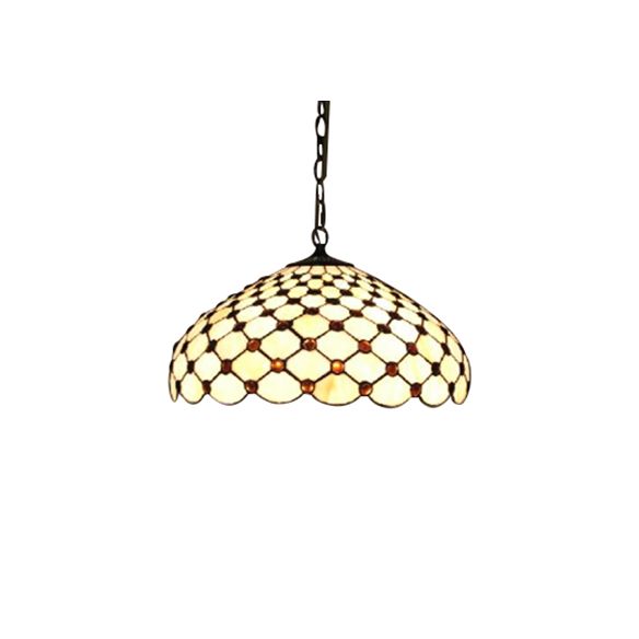 Tiffany Jeweled Down Pendant 2 Lights White Stained Glass Ceiling Suspension Lamp for Dining Room