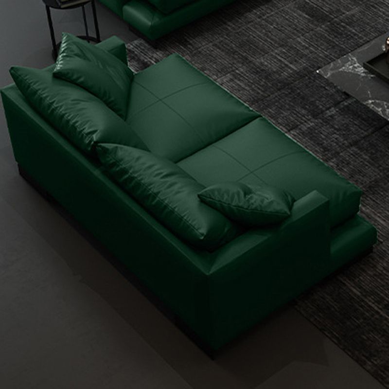 Forest Green Genuine Leather Square Arm Settee Furniture with Pillows