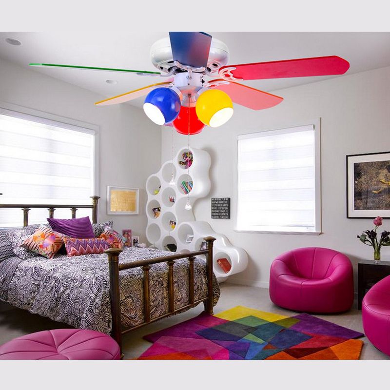 Multicolored Glass Dome Shade Hanging Fan Lamp Macaron 3-Light Red-Yellow-Blue Semi Flush Light