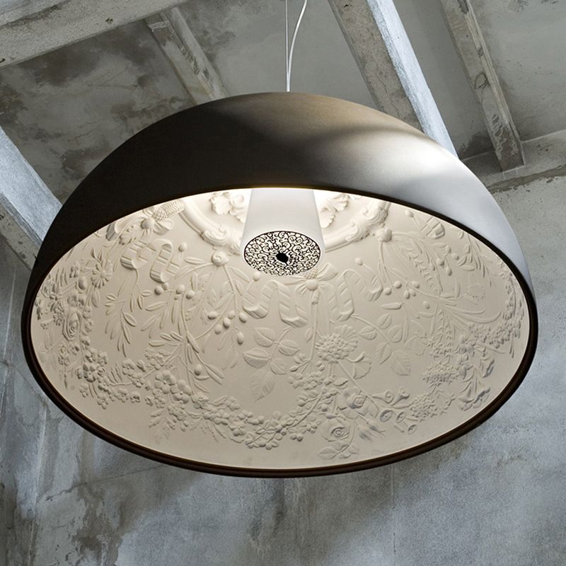 Hemispherical Resin Pendulum Light Industrial 16"/23" W Single Living Room Pendant Lamp in Black/White with Carved Rose Inside
