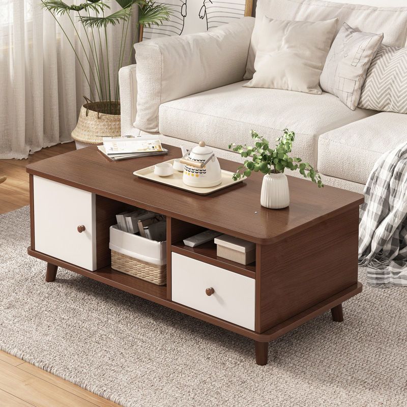 Modern 4 Legs Wood Coffee Table Rectangle Cocktail Table with Storage
