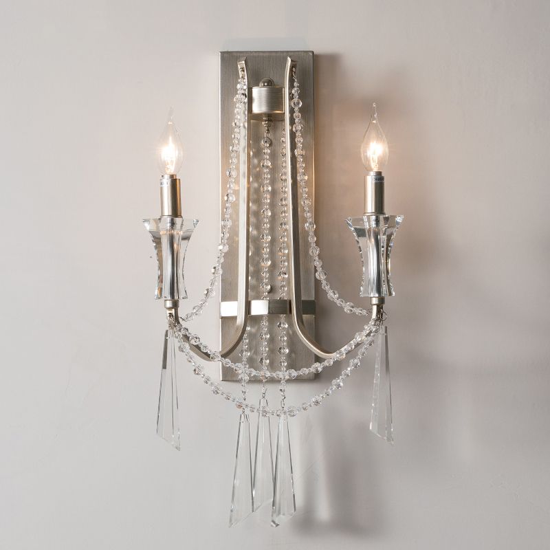 2 Bulbs Wall Mount Light Traditional Draping Crystal Bead Wall Light Fixture with Curved Arm