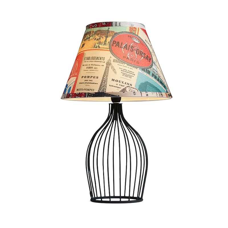 1 Head Barrel Night Table Lamp Traditional Black Nightstand Lighting with Metal Wire Cage Base